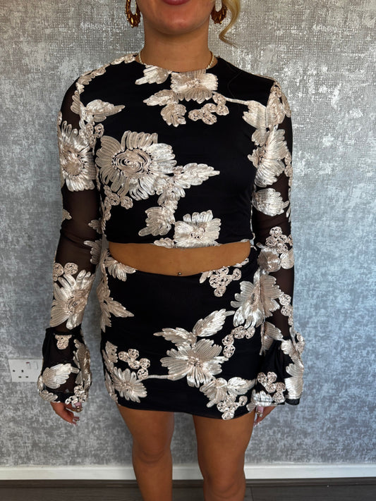 Floral Lace Lined Top & Skirt Set